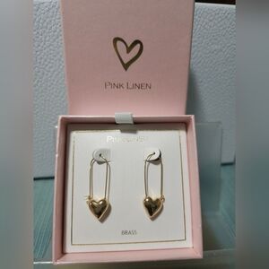 Pink Linen Gold Heart Drop Earrings